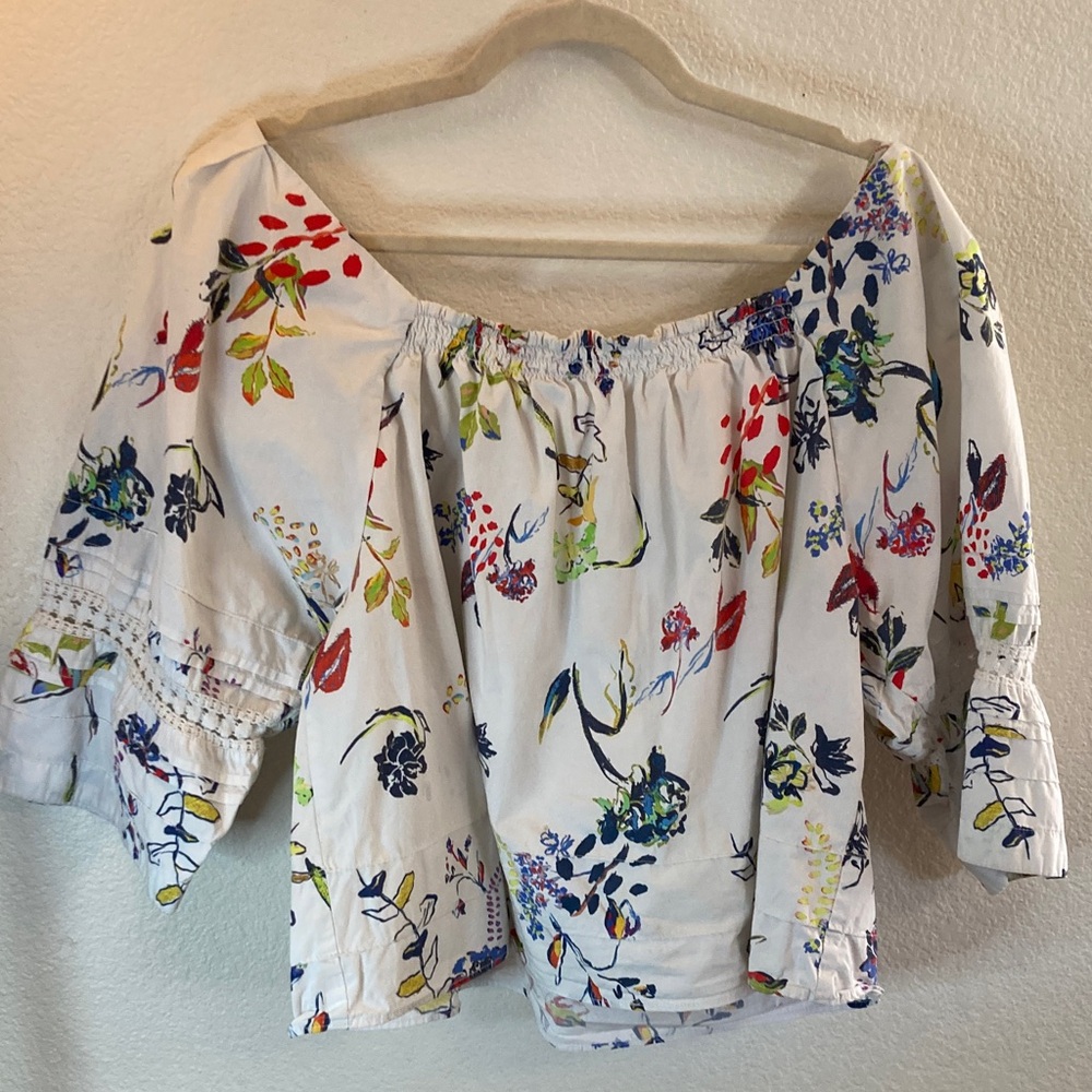 Tanya Taylor Floral Off-Shoulder Blouse crochet details feminine 100%cotton 16